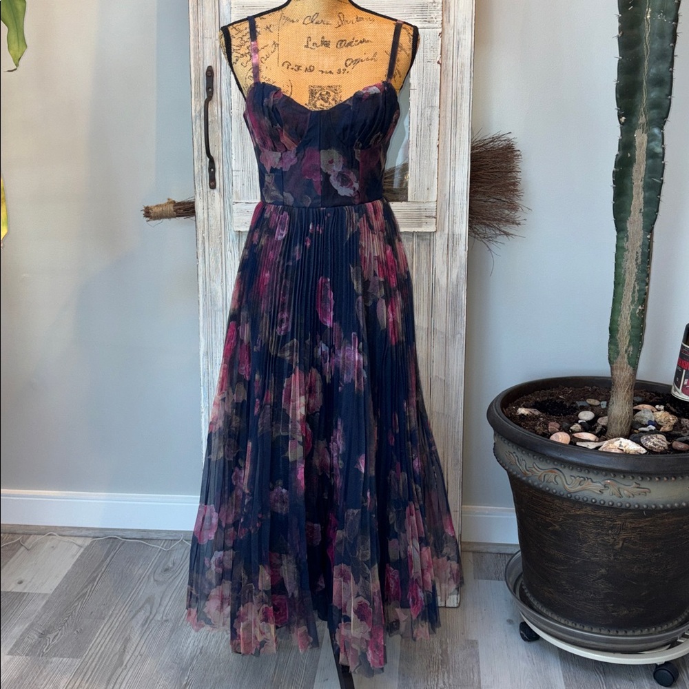 Lulu's Alluring Invite Midnight Blue Floral Pleated Bustier Midi Dress Size S - Picture 6 of 16
